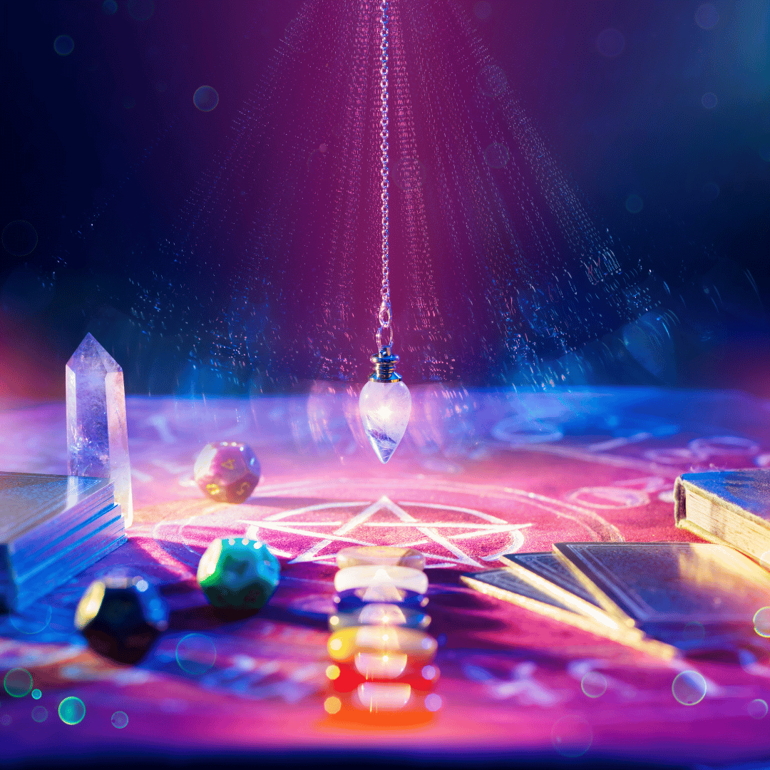 Pendule de radiesthésie suspendu au-dessus d’un support ésotérique violet avec un pentacle, cristaux, chakras alignés, tarots et dés. Ambiance spirituelle et mystique avec effets lumineux, utilisée pour les pratiques divinatoires ou énergétiques.