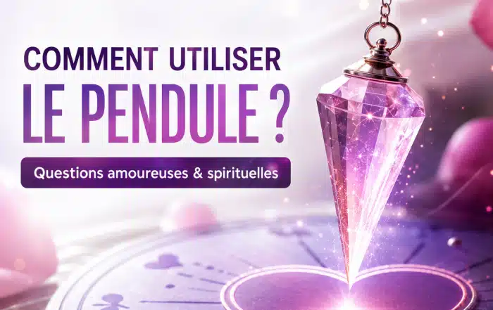 Pendule divinatoire en cristal rose au-dessus d’un cœur avec le titre Comment utiliser le pendule ? Questions amoureuses et spirituelles