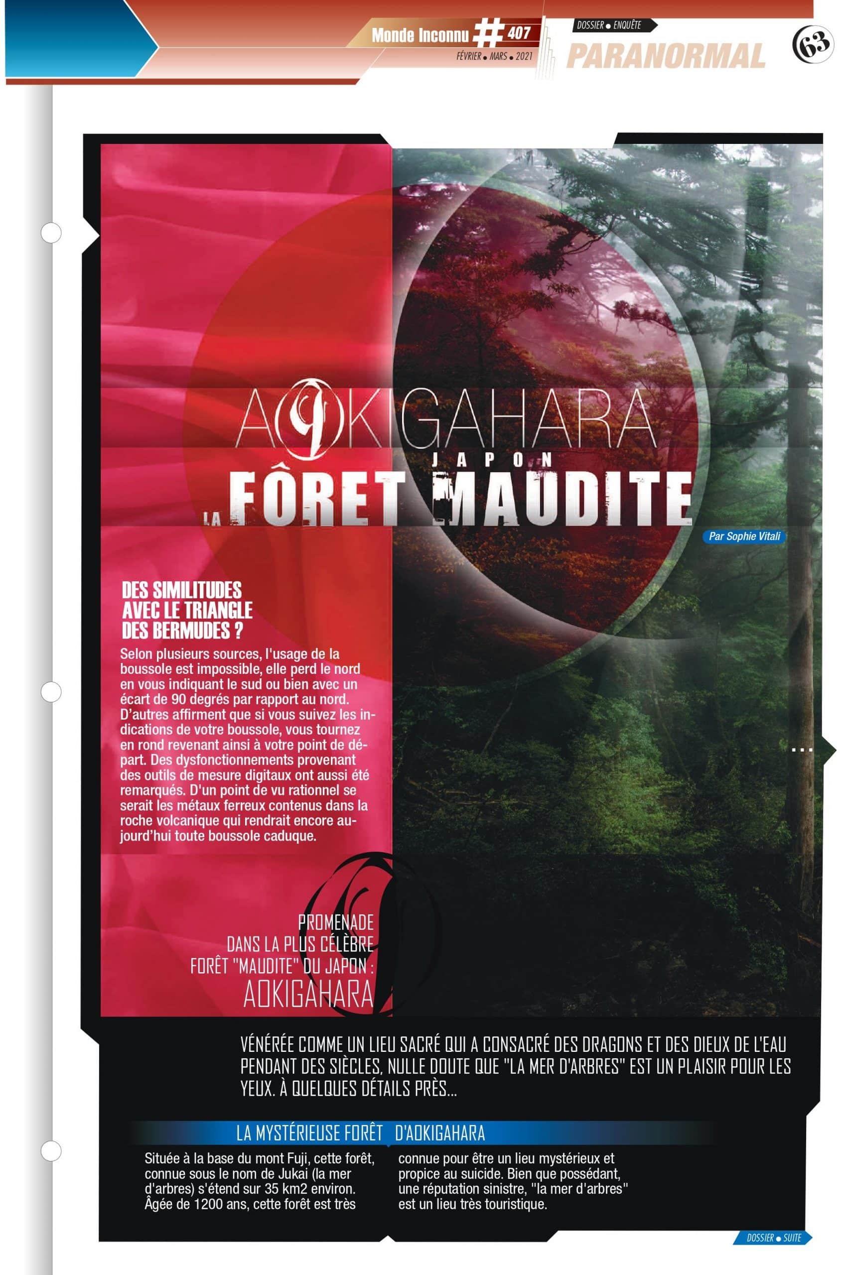 Magazine Le Monde de l’Inconnu, article paranormal de Sophie Vitali sur la forêt d’Aokigahara