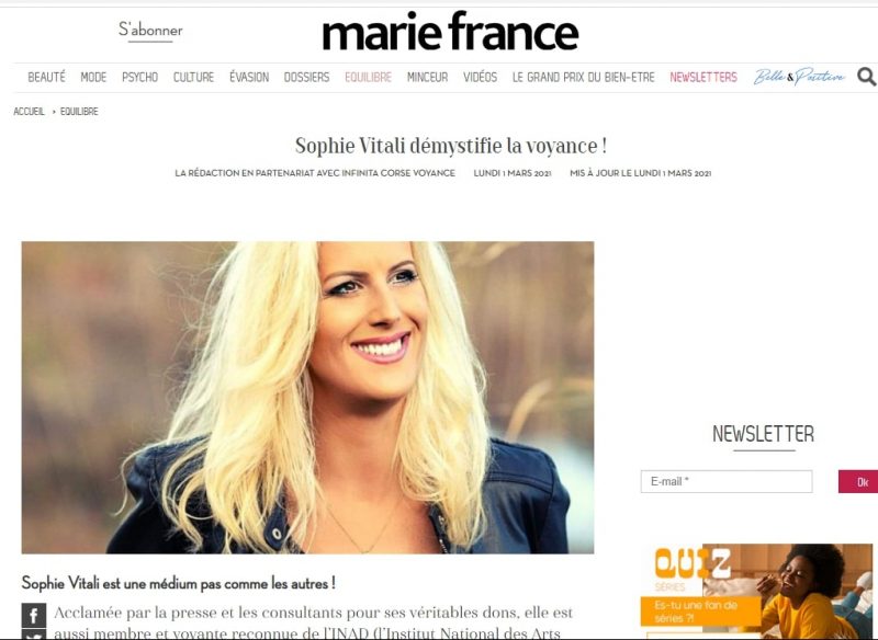 Voyance sérieuse par tel avec Sophie Vitali célèbre médium et voyante corse dans le magazine Marie France