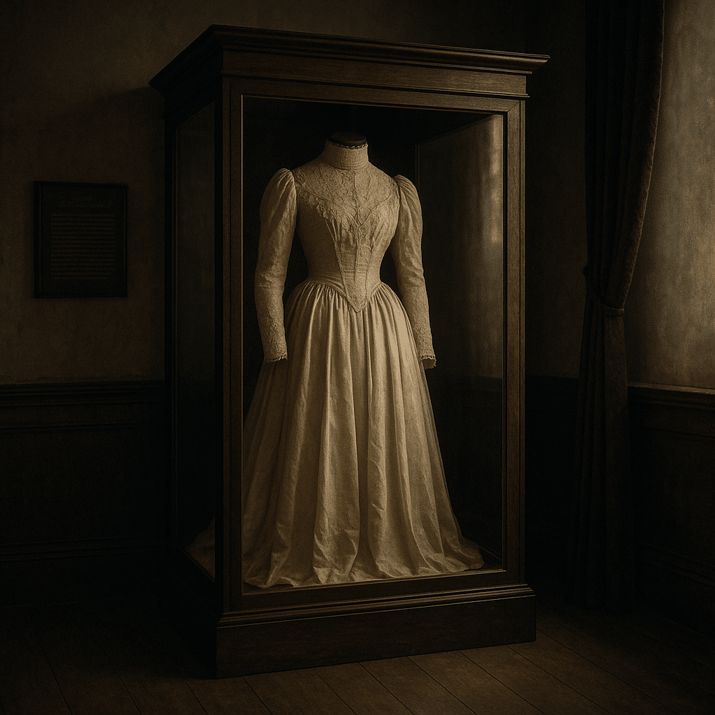 Photographie de la robe de mariée hantée d’Anna Baker conservée dans une vitrine au Baker Mansion en Pennsylvanie