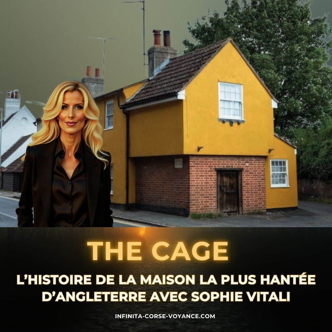 Photo promotionnelle de Sophie Vitali devant The Cage, la maison la plus hantée d’Angleterre située à St Osyth, Essex. Article de Sophie Vitali explorant l’histoire, les esprits et les phénomènes paranormaux liés à cette demeure.