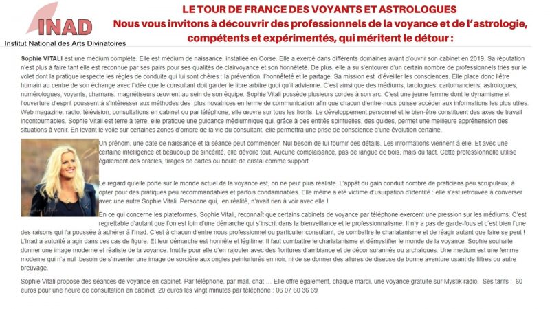 Tour de France des voyants et astrologue de l'INAD : Sophie Vitali médium et son cabinet de voyance sans CB de qualité