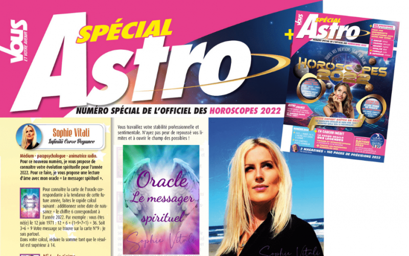 Dans le nouveau numéro du magazine Vous et votre avenir à paraitre en kiosque le 01 octobre, Sophie Vitali vous propose de connaître votre évolution spirituelle pour l'année 2022 avec une lecture d'âme obtenue avec mon oracle Le messager spirituel !