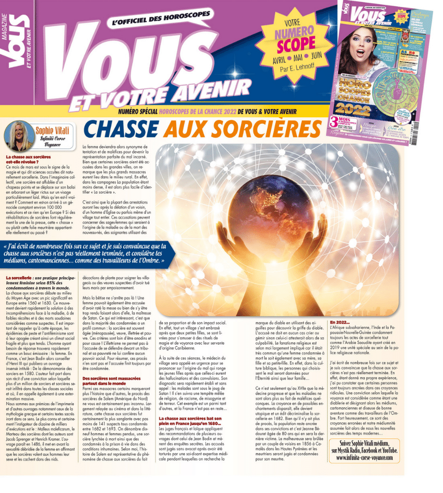 Magazine Vous et votre avenir : La chasse aux sorcières est elle révolue ? Par Sophie Vitali médium et auteure