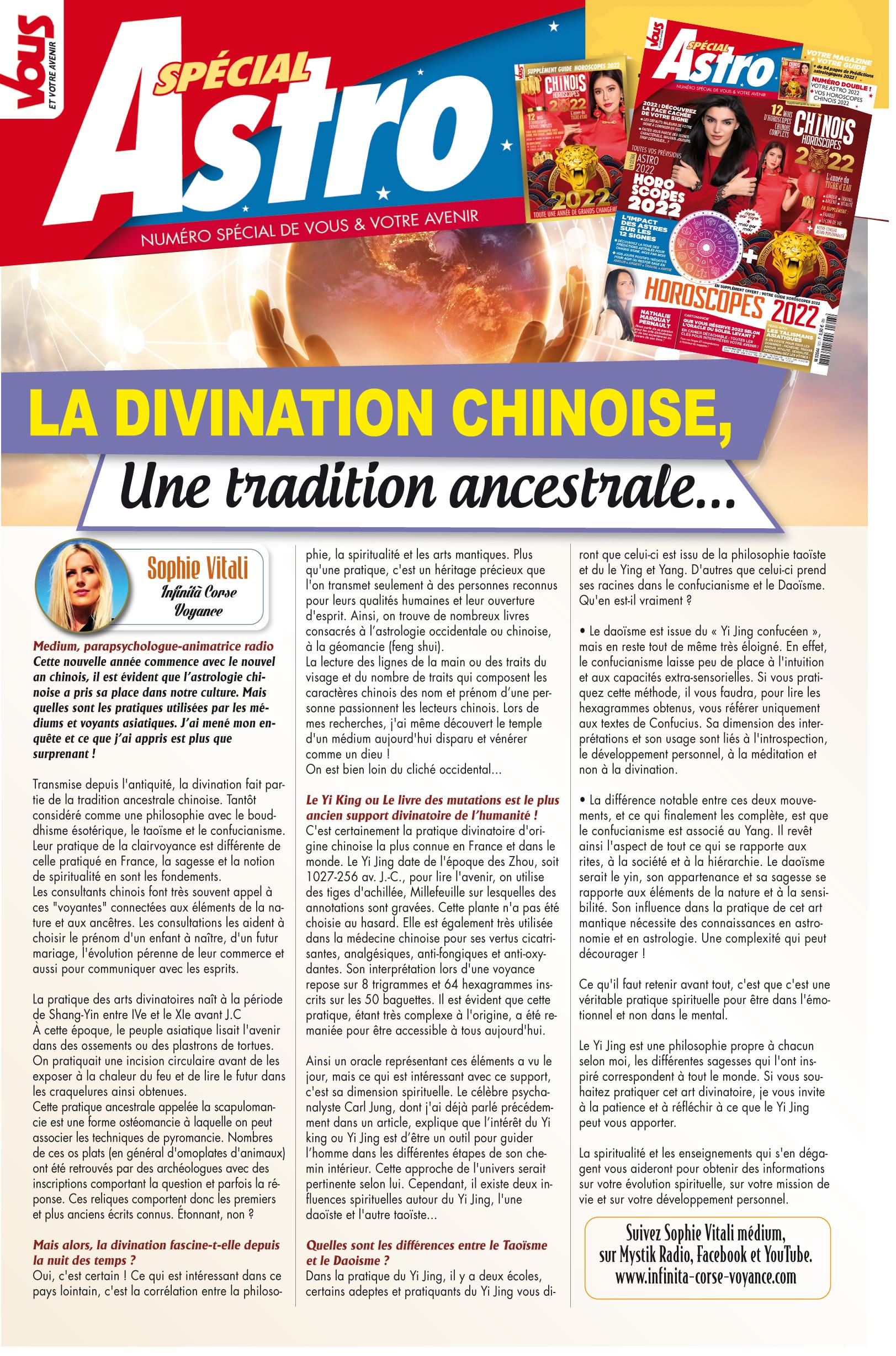 Vous et votre avenir Magazine Horoscope chinois 2024 : Les arts divinatoires et la Chine tout un programme ! par Sophie Vitali célèbre médium et auteure