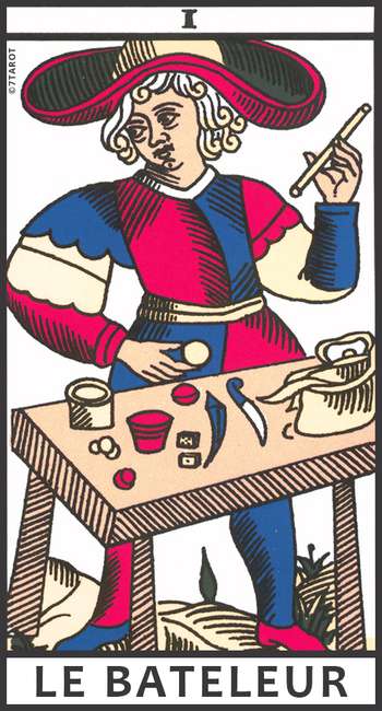 Le Bateleur, première carte des arcanes majeurs du Tarot de Marseille, représentant un jeune homme en action devant sa table d’outils symboliques