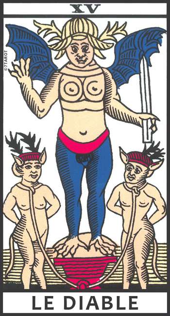Carte du Diable, représentant une créature cornue avec des chaînes et deux personnages attachés, utilisée en tirage en croix pour explorer les instincts et les excès
