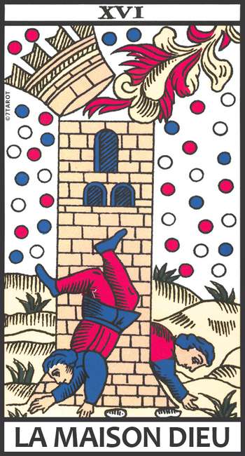 Carte de La Maison Dieu du Tarot de Marseille, montrant une tour frappée par un éclair et des personnages chutant, utilisée en tirage en croix pour évoquer les ruptures et les prises de conscience