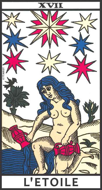 Carte de L’Étoile dans le Tarot de Marseille, représentant une femme nue versant de l’eau sous un ciel étoilé, utilisée en tirage en croix pour symboliser l’inspiration et la protection
