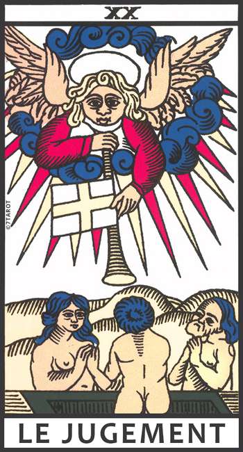 Carte du Jugement dans le Tarot de Marseille, représentant un ange soufflant dans une trompette au-dessus de personnages ressuscitant, symbole de renouveau et de prise de conscience