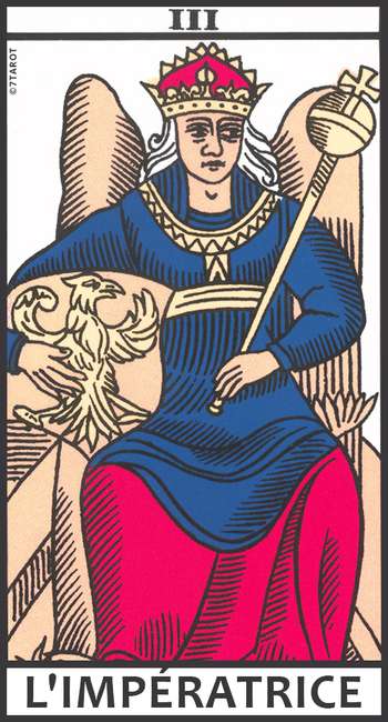 Carte de L’Impératrice, assise sur un trône avec un sceptre et un bouclier, utilisée pour un tirage en croix