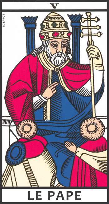 Le Pape dans le Tarot de Marseille, assis en majesté, tenant une crosse, représentant la sagesse spirituelle 