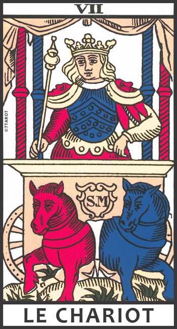 Carte du Chariot dans le Tarot de Marseille, montrant un personnage en mouvement sur un char tiré par deux chevaux, dans le cadre d’un tirage en croix