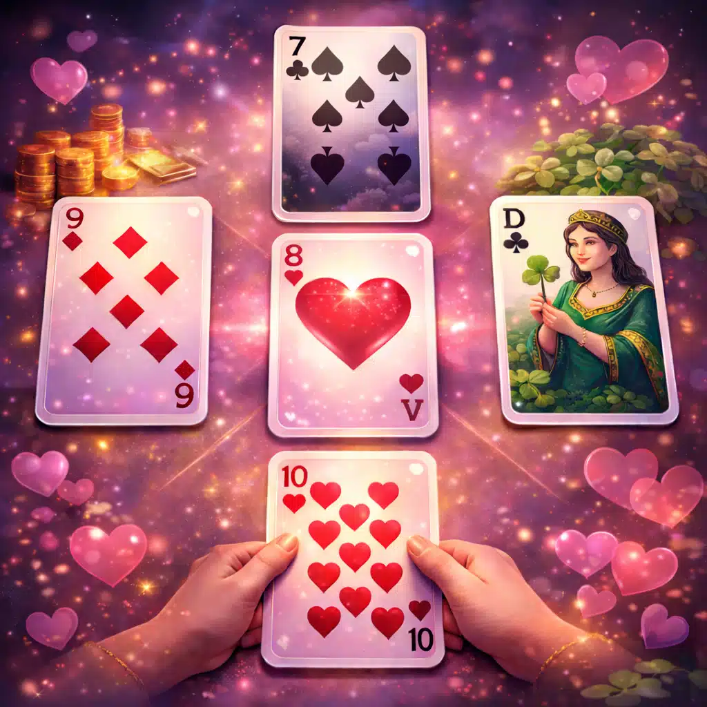 Exemple de tirage en croix du jeu de 32 cartes pour analyser une question amoureuse