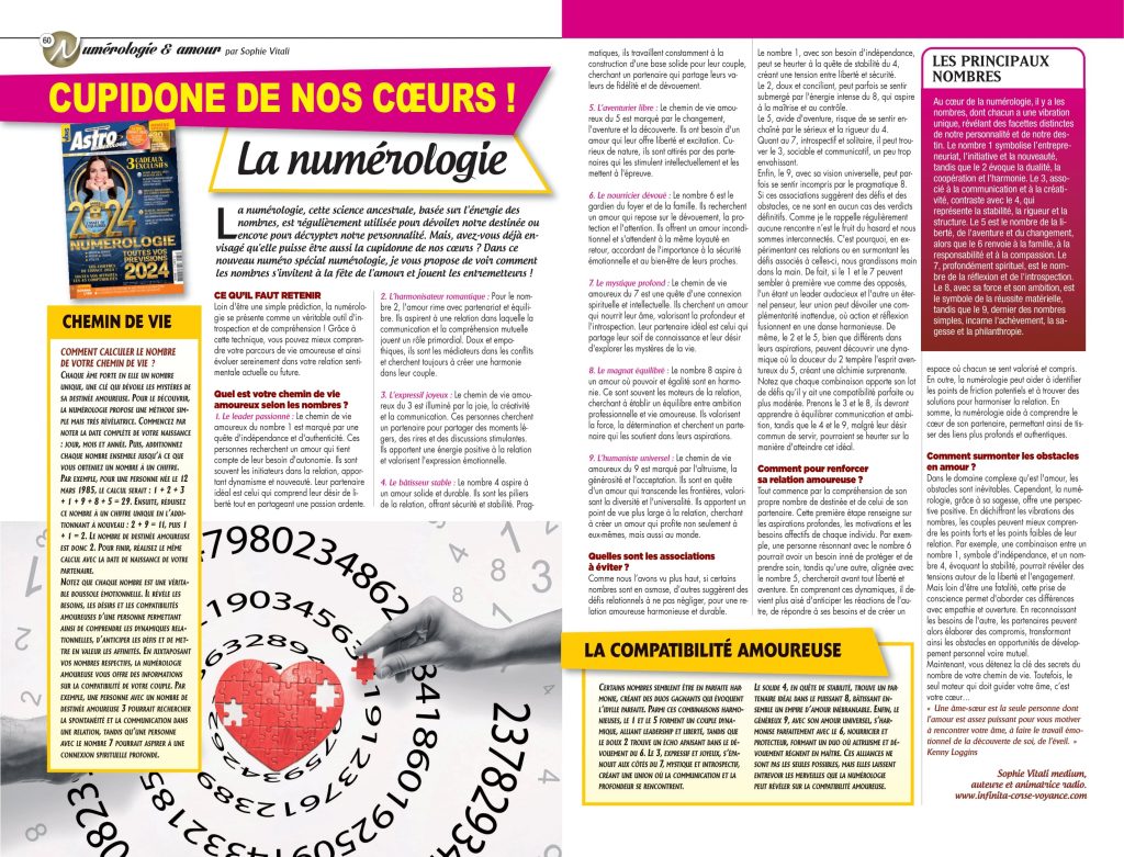 Article sur la numérologie de l’amour par Sophie Vitali dans le magazine Vous et Votre Avenir, expliquant les chemins de vie, les compatibilités amoureuses et les principaux nombres en numérologie.