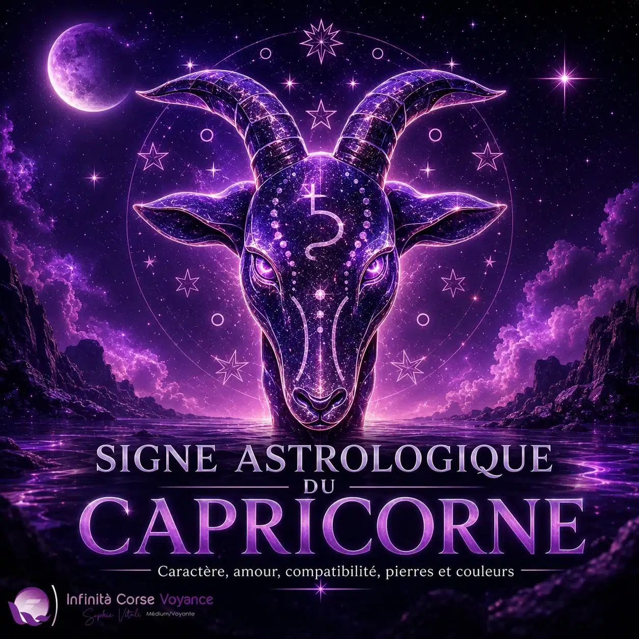 Illustration 3D du signe astrologique du Capricorne avec tête de bouc cosmique, symbole de Saturne, étoiles et univers violet pour un guide sur le caractère, l’amour, la compatibilité, les pierres et les couleurs.