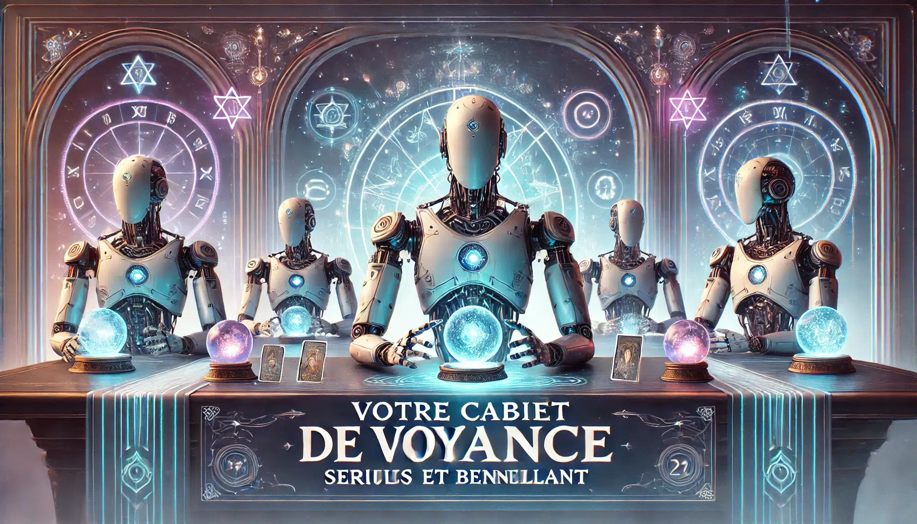 Bannière publicitaire pour un cabinet de voyance sérieux et bienveillant, avec des robots IA futuristes réalisant des consultations de voyance. Les robots sont assis à des tables ornées de boules de cristal lumineuses et de cartes de tarot, dans une ambiance mêlant mysticisme et technologie, avec des accents néon et des symboles astrologiques holographiques.