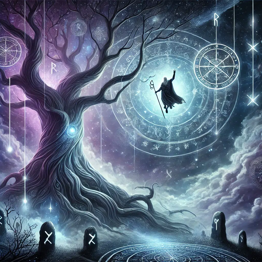 Odin suspendu à l'arbre Yggdrasil selon la mythologie nordique, entouré de runes lumineuses symbolisant la quête de sagesse et le savoir divin. Illustration mystique sur les runes nordiques.