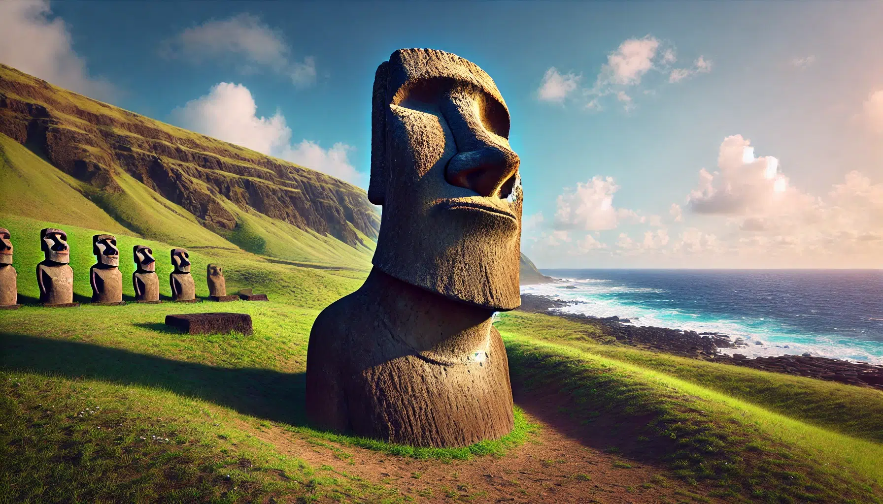 Image réaliste des Moaïs de l’Île de Pâques, se dressant sur une colline verdoyante avec l’océan Pacifique en arrière-plan. Le ciel est dégagé, mettant en valeur les détails sculptés et l’atmosphère mystérieuse du site.