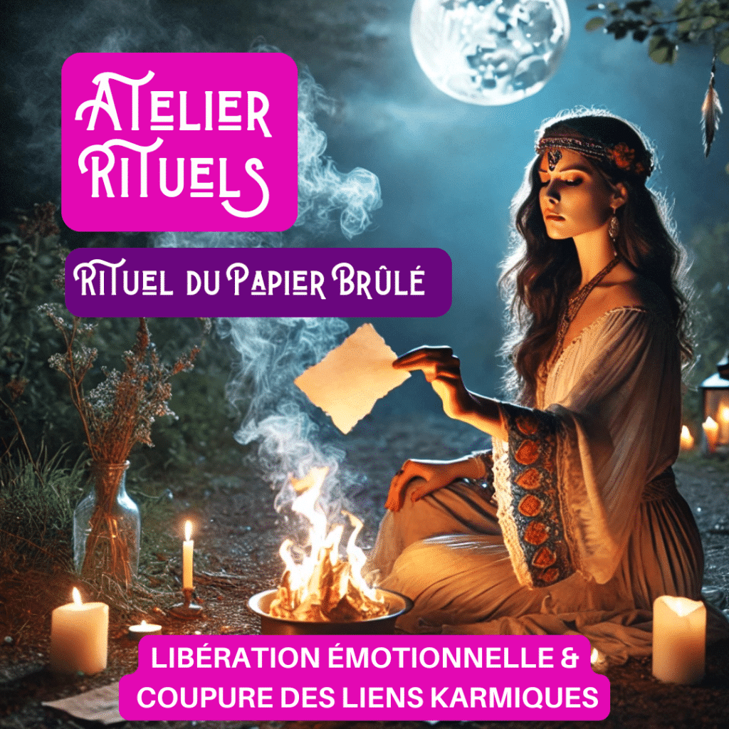 Femme spirituelle réalisant un rituel du papier brûlé sous la pleine lune, entourée de bougies et de feu sacré pour la libération émotionnelle et karmique.