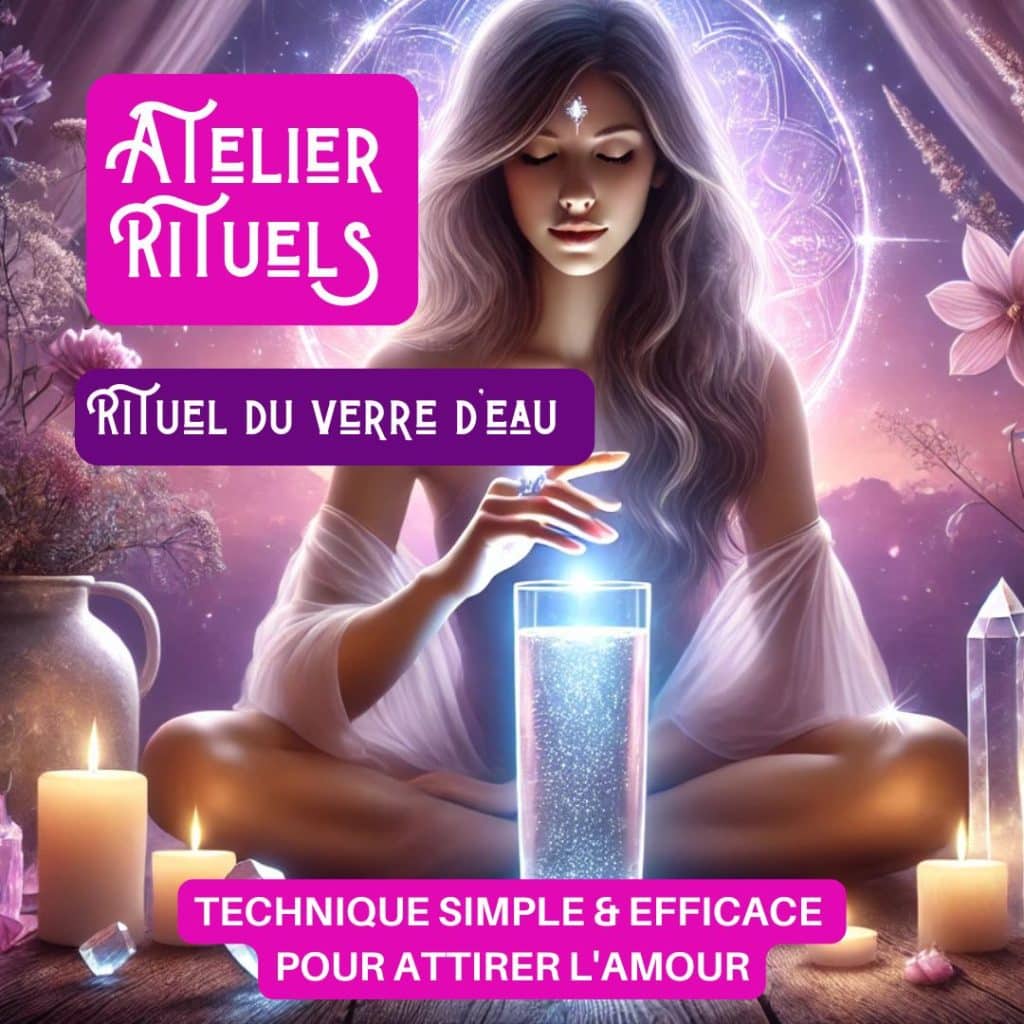 Femme en méditation devant un verre d’eau lumineux, entourée de bougies et cristaux, pratiquant un rituel d’attraction de l’amour. Visuel signé Infinita Corse Voyance.