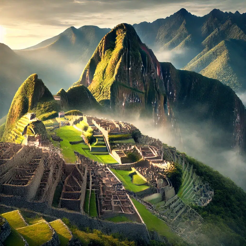 Image réaliste du Machu Picchu, l'ancienne cité inca nichée dans les Andes péruviennes. Le soleil se lève, illuminant les ruines de pierre entourées de terrasses verdoyantes, avec des montagnes majestueuses en arrière-plan et une légère brume ajoutant une touche mystique.