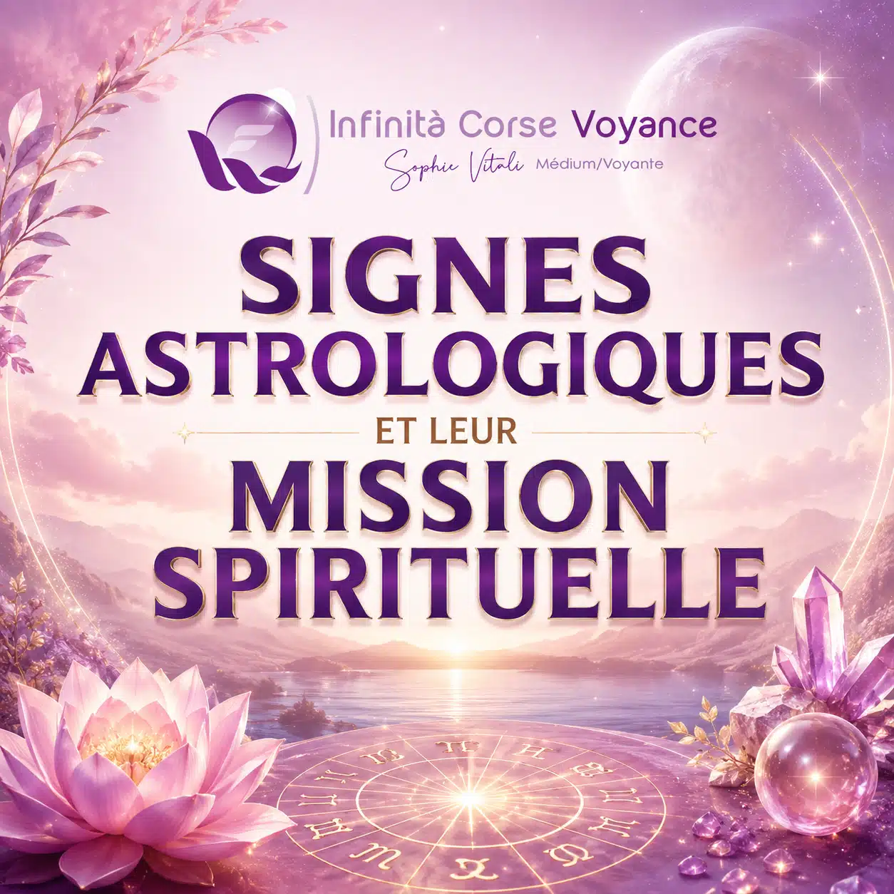 Signes astrologiques et mission spirituelle avec roue du zodiaque, lotus, cristaux et logo Infinità Corse Voyance