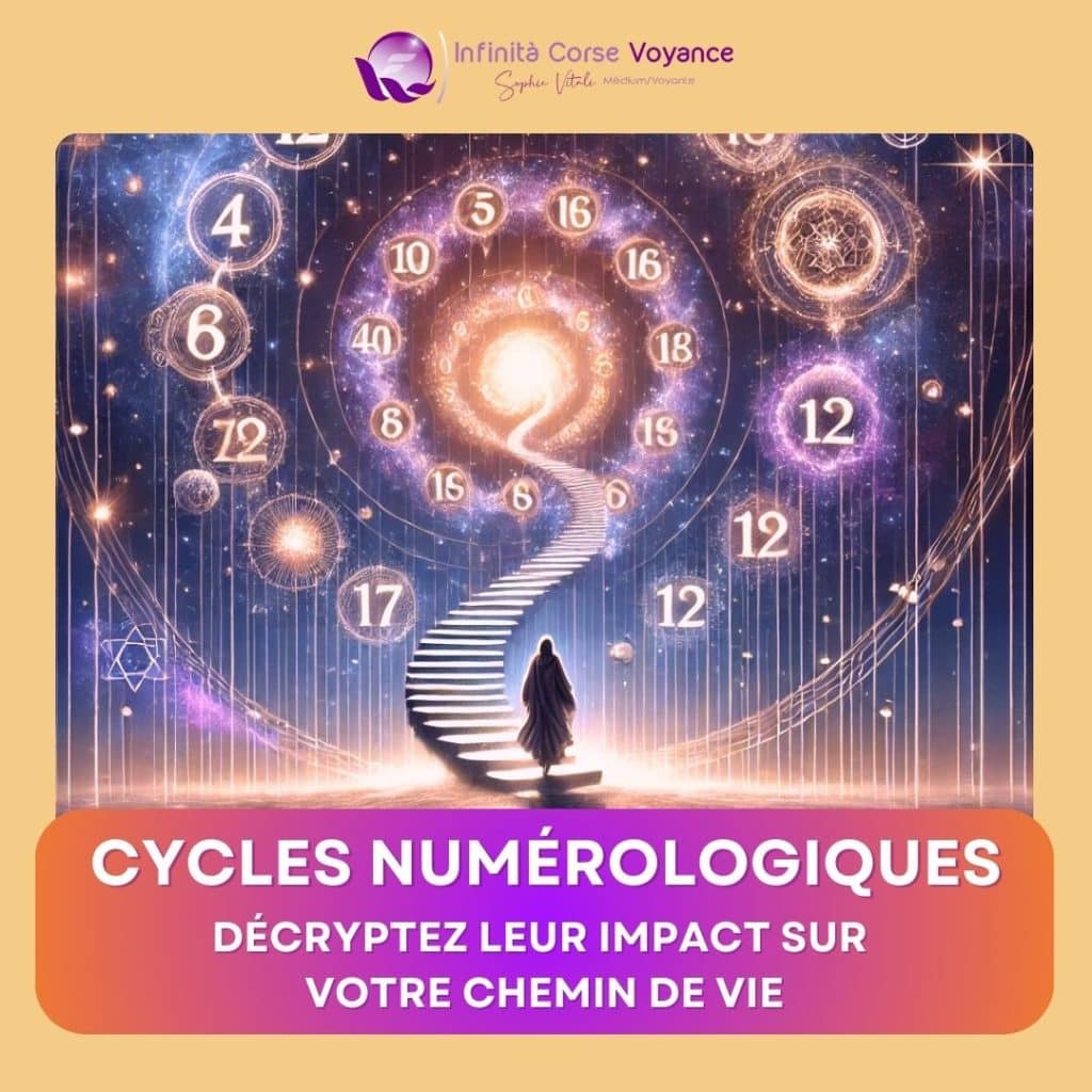 Illustration symbolique des cycles numérologiques avec un chemin en spirale, des chiffres sacrés et une silhouette en élévation, représentant l’impact de la numérologie sur le chemin de vie et la destinée spirituelle