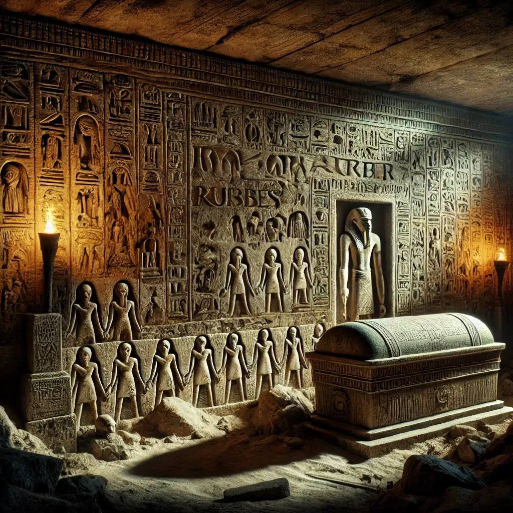 Mur d’un tombeau égyptien recouvert de hiéroglyphes, avec une inscription menaçant d’une malédiction les profanateurs. Une lumière tamisée éclaire un sarcophage partiellement découvert, renforçant l’atmosphère mystique du lieu.