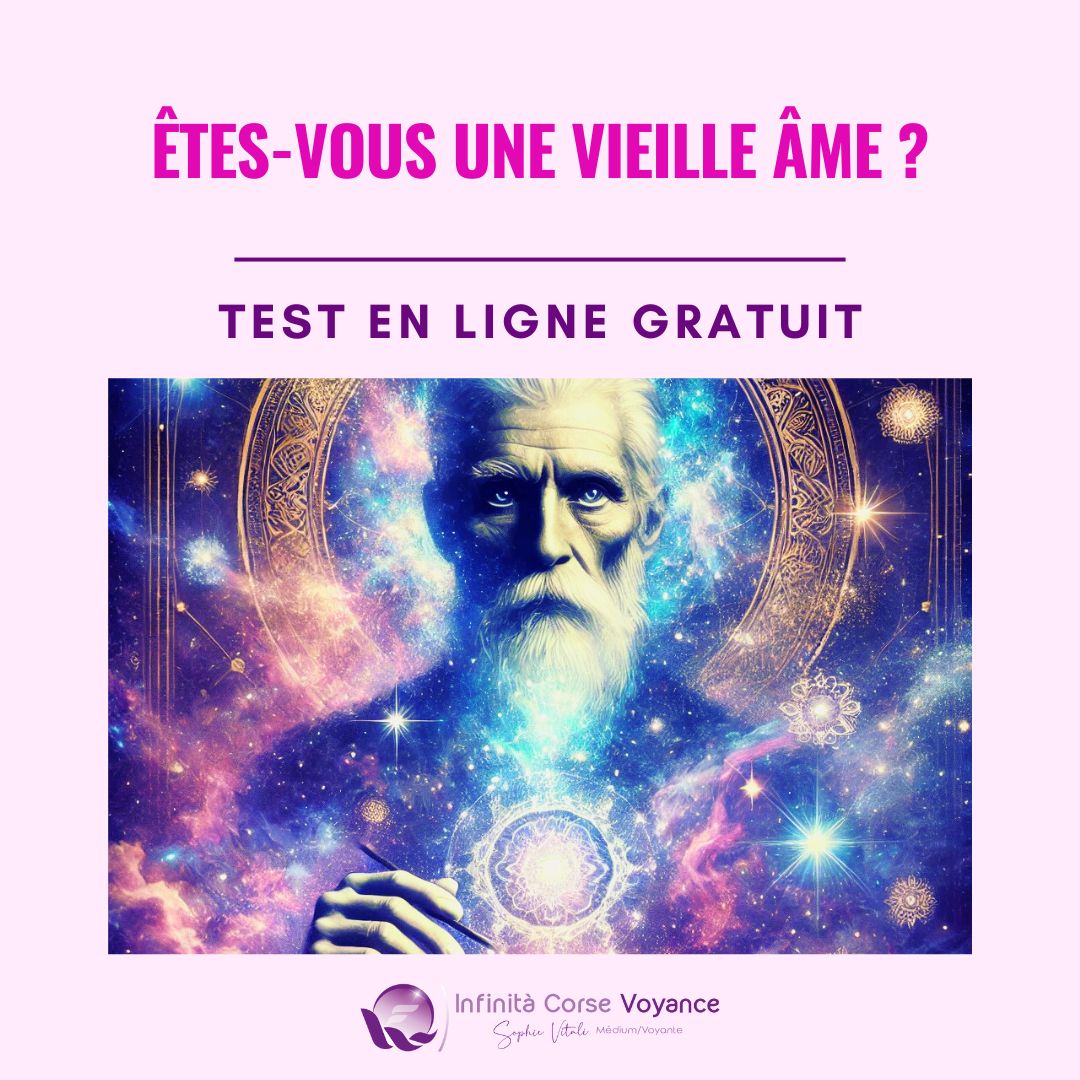 Illustration mystique représentant une vieille âme avec une aura spirituelle, entourée d’éléments cosmiques et de symboles ésotériques. Image du test en ligne gratuit sur les vieilles âmes proposé par Infinita Corse Voyance.