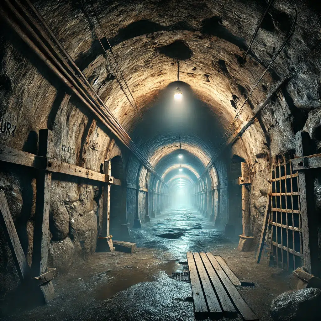 Tunnel souterrain sous Alcatraz la prison hantée, avec des murs en pierre usés, une lumière lointaine et une atmosphère brumeuse remplie de mystère.