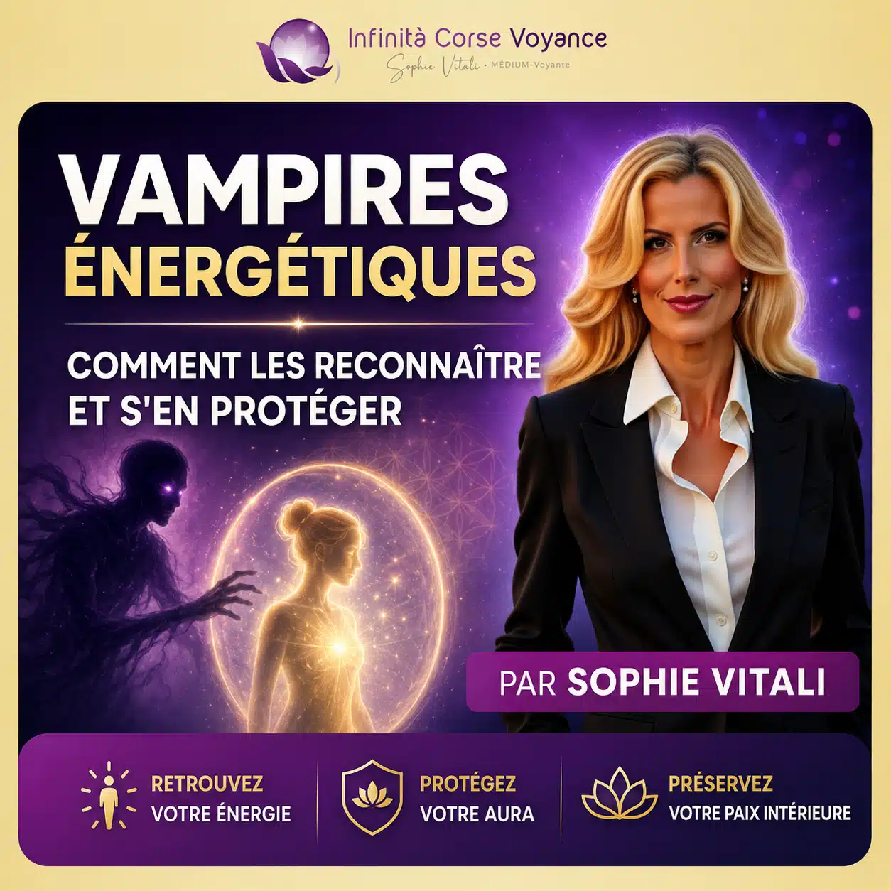 Vampire énergétique : visuel de Sophie Vitali avec une silhouette sombre et une femme protégée par une aura lumineuse