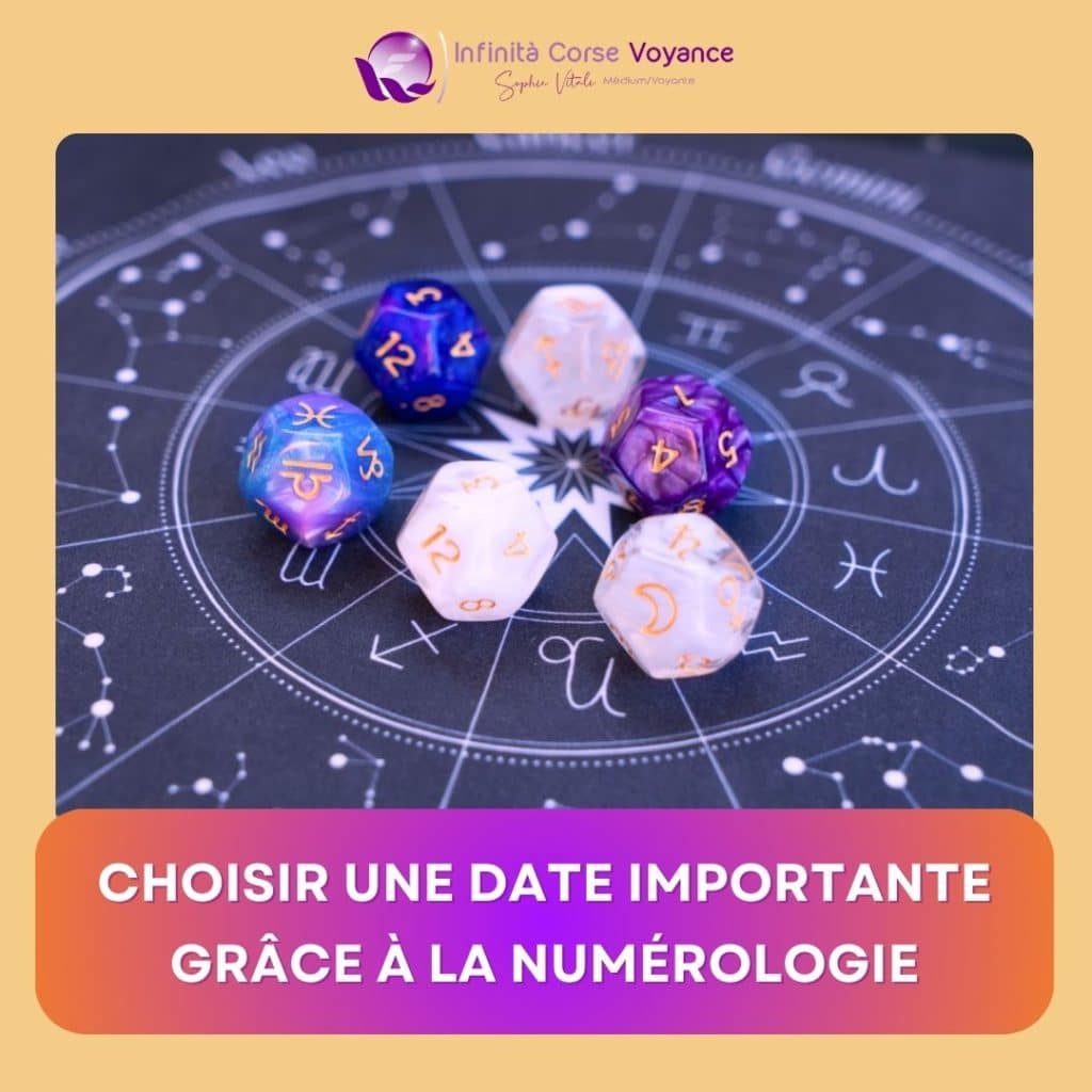 Dés en astrologie posés sur une carte du zodiaque avec le texte “Choisir une date importante grâce à la numérologie”, pour illustrer l’importance du choix de date en voyance.