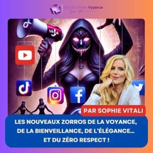 Illustration représentant une figure masquée manipulant les réseaux sociaux YouTube, TikTok, Instagram et Facebook, dénonçant la fausse bienveillance et la manipulation dans la voyance, par Sophie Vitali voyante sérieuse, membre de l'INAD et fondatrice du SPPAD