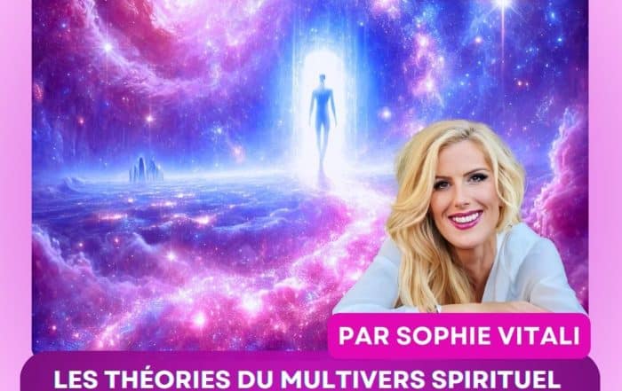 Illustration spirituelle d’un être de lumière traversant un portail interdimensionnel, symbolisant la réincarnation dans un autre univers – article de Sophie Vitali sur les théories du multivers spirituel