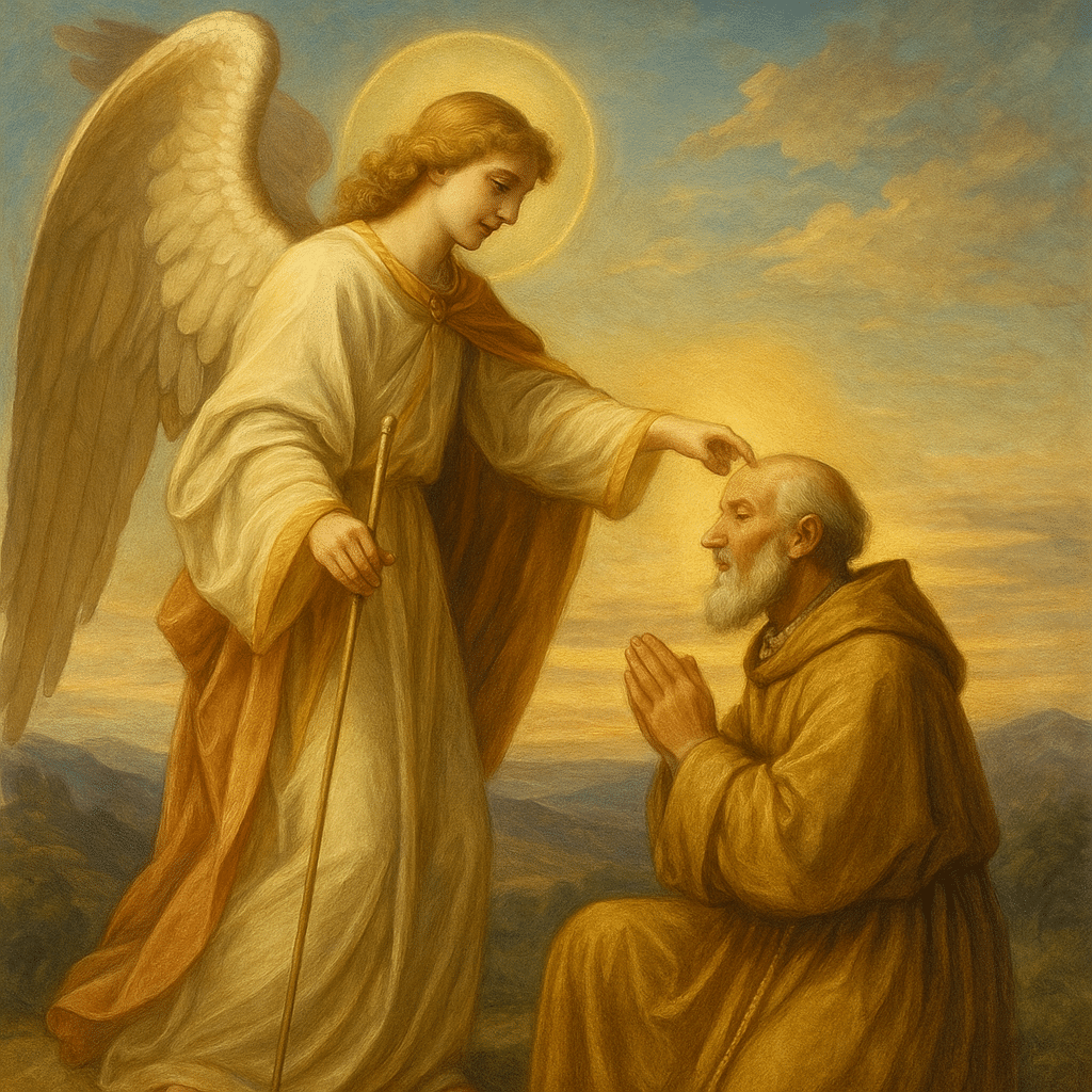 Représentation symbolique de l’apparition de l’archange Michel à l’évêque Aubert d’Avranches, scène fondatrice du Mont Saint-Michel en l’an 708
