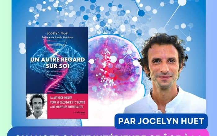 Portrait de Jocelyn Huet avec la couverture du livre "Un autre regard sur soi", sur un fond bleu illustrant les connexions cérébrales et le développement personnel par la kinésiologie intégrative - Article sur le blog de Sophie Vitali célèbre médium