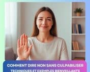 Femme souriante levant la main pour dire non avec bienveillance, dans un cadre paisible. Illustration du thème "comment dire non sans culpabiliser".