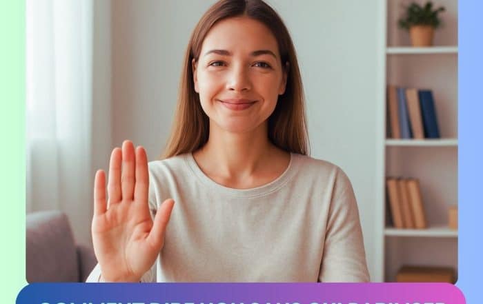 Femme souriante levant la main pour dire non avec bienveillance, dans un cadre paisible. Illustration du thème "comment dire non sans culpabiliser".