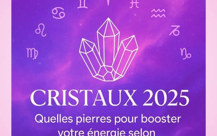 Illustration spirituelle représentant des cristaux et les signes du zodiaque sur un fond violet avec l’inscription "Cristaux 2025 – Quelles pierres pour booster votre énergie selon votre signe astrologique ?", image du blog Infinita Corse Voyance de Sophie Vitali.
