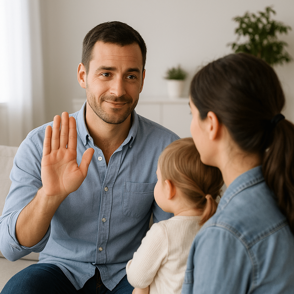 Homme souriant assis sur un canapé, levant calmement la main pour dire non à une femme avec enfant, dans un cadre familial serein. Exemple de communication bienveillante.