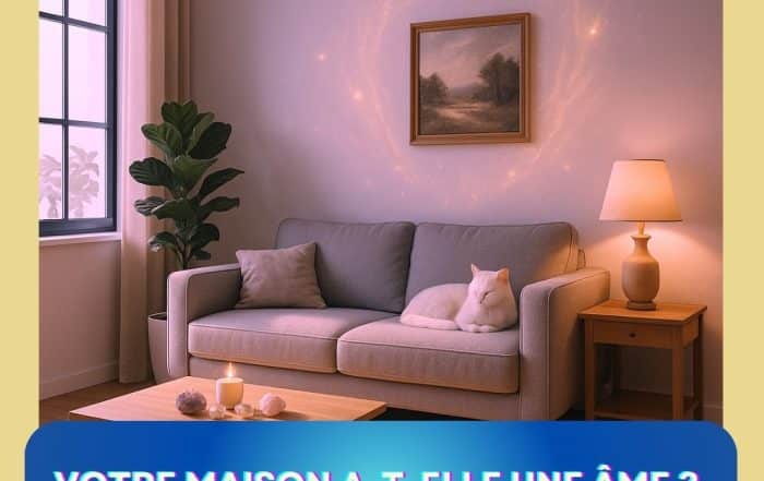 Salon apaisant avec lumière tamisée, cristaux, bougie, chat blanc et aura lumineuse au mur, illustrant la question “votre maison a-t-elle une âme” et comment ressentir la conscience énergétique d’un lieu selon Infinita Corse Voyance.