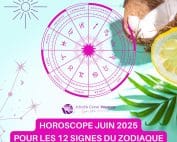 Image circulaire avec les 12 signes astrologiques sur fond tropical – Horoscope de juin 2025 pour tous les signes du zodiaque, par Infinita Corse Voyance