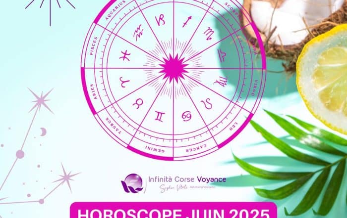 Image circulaire avec les 12 signes astrologiques sur fond tropical – Horoscope de juin 2025 pour tous les signes du zodiaque, par Infinita Corse Voyance