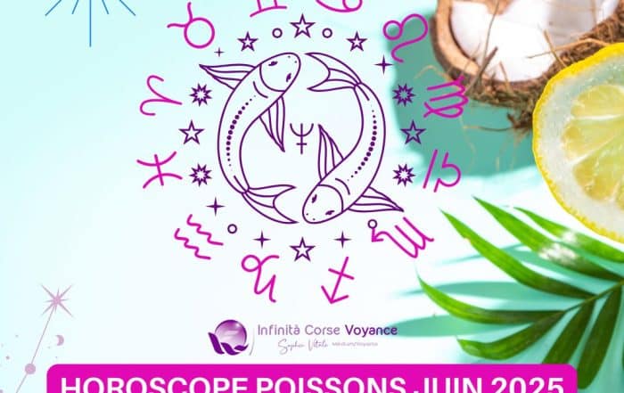 Visuel du signe astrologique Poissons entouré des symboles du zodiaque, sur fond estival avec citron, noix de coco et feuillage – Horoscope Poissons juin 2025 pour chaque décan