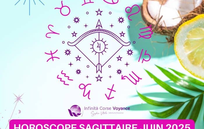 Illustration astrologique du signe Sagittaire entouré des symboles du zodiaque, sur fond estival avec citron, noix de coco et feuilles tropicales – Horoscope Sagittaire juin 2025 pour chaque décan
