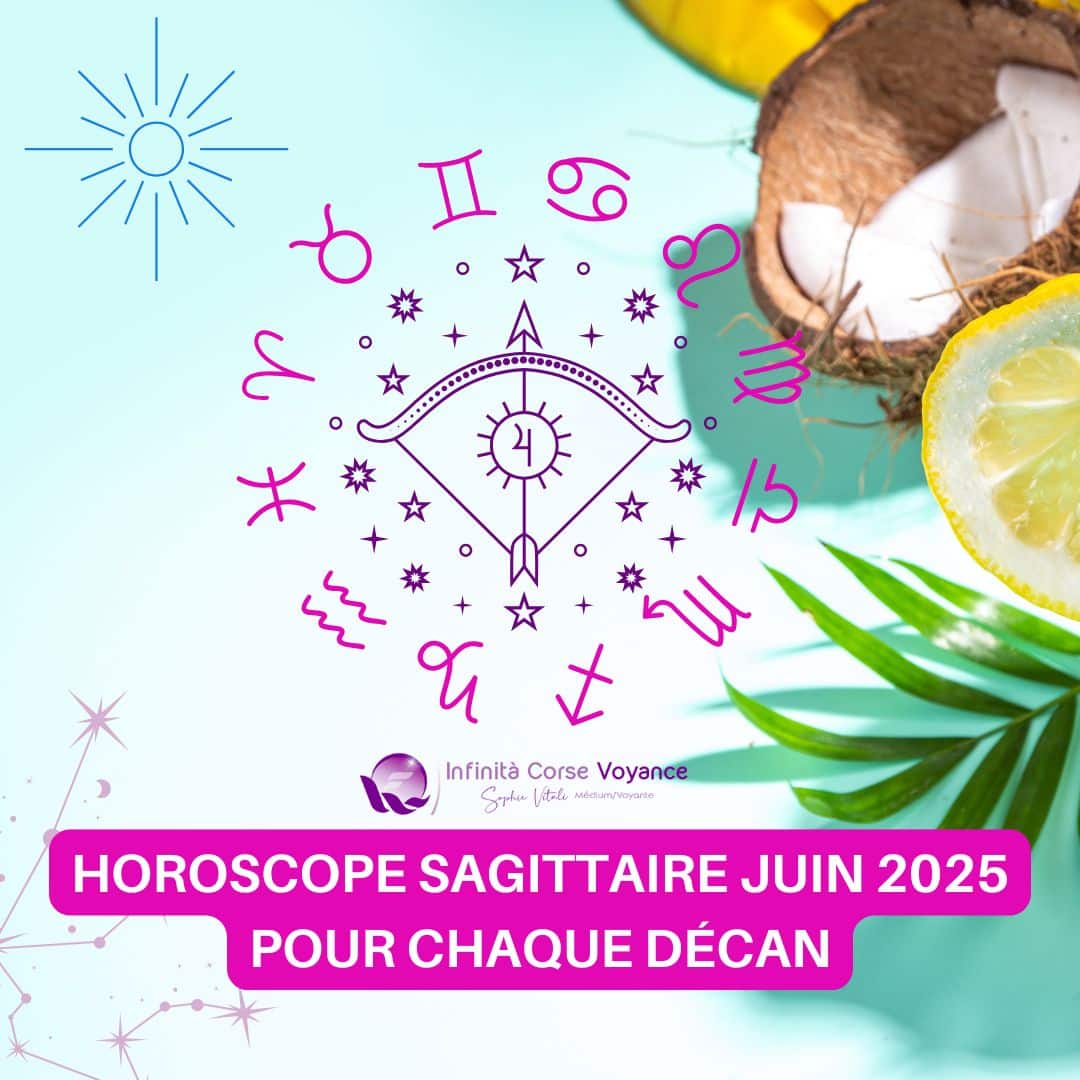Illustration astrologique du signe Sagittaire entouré des symboles du zodiaque, sur fond estival avec citron, noix de coco et feuilles tropicales – Horoscope Sagittaire juin 2025 pour chaque décan