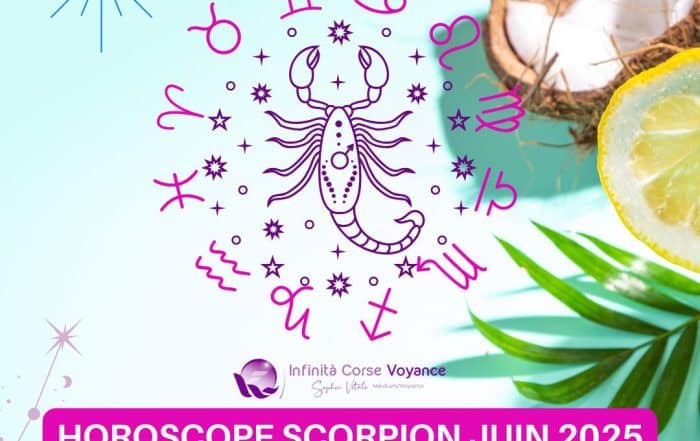 Illustration astrologique du signe du Scorpion avec les 12 signes du zodiaque sur fond estival bleu, citron, coco et feuilles tropicales – Horoscope Scorpion juin 2025 détaillé par décan