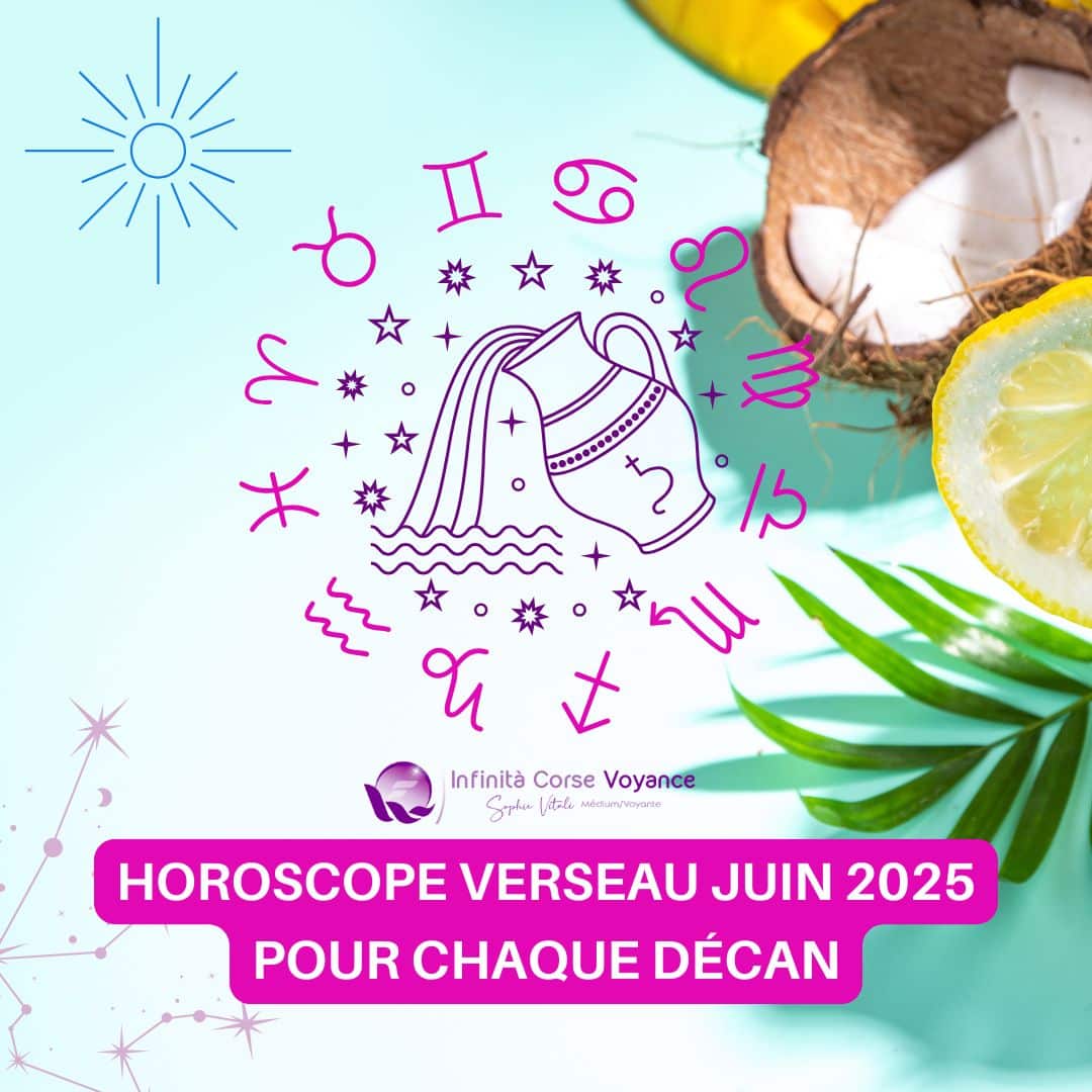 Image astrologique du signe Verseau entouré des 12 symboles du zodiaque, avec des éléments d’été (citron, coco, feuilles) – Horoscope Verseau juin 2025 détaillé pour chaque décan